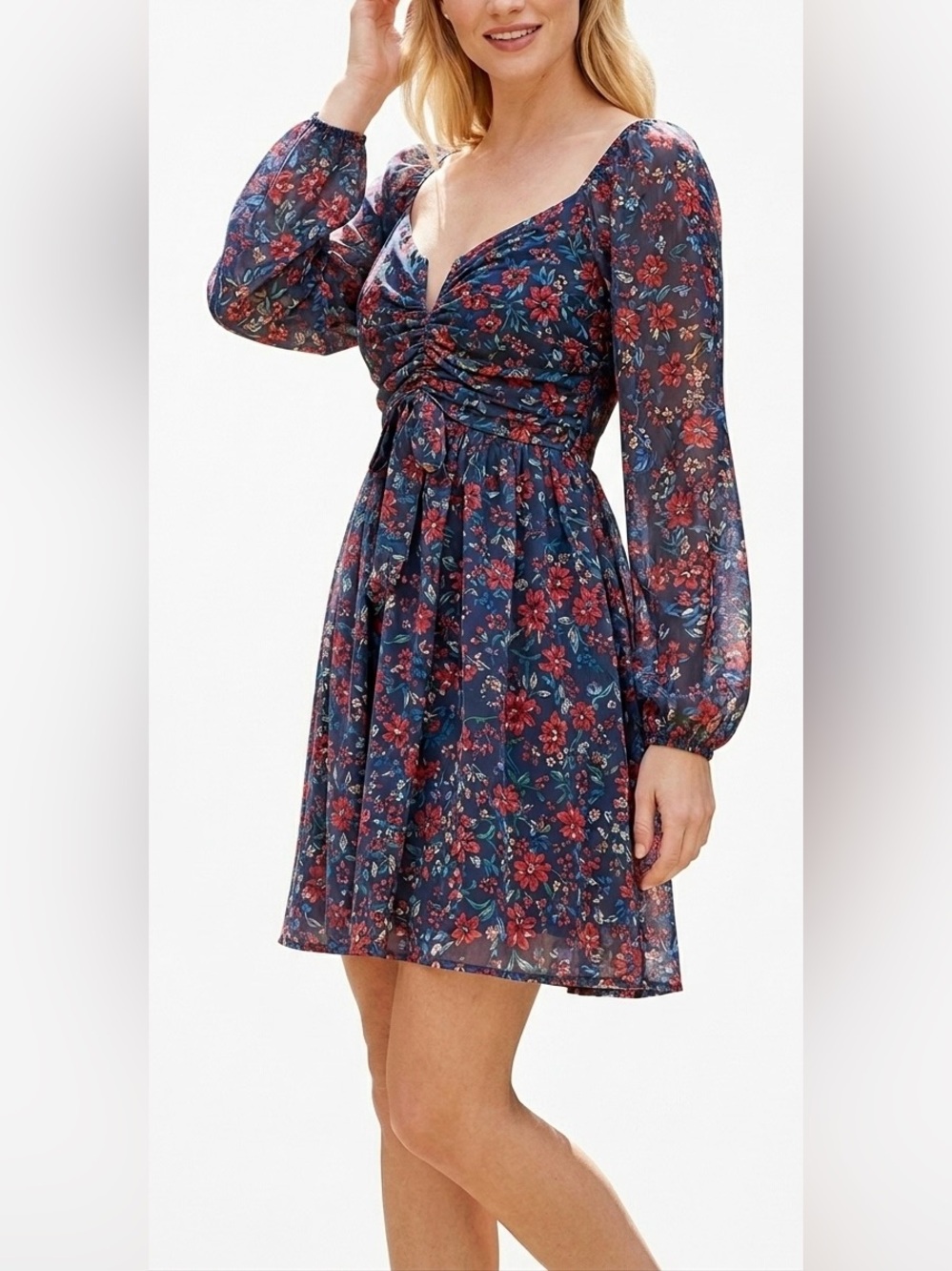 Revamped Navy Floral Ruched V-Neck Mini Dress